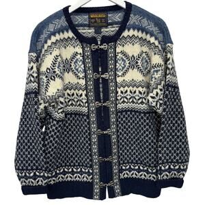 Woolrich Womens Cardigan Sweater Size M Blue Fair Isle Stripe Metal Clasp
